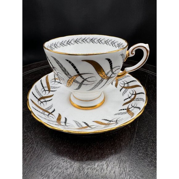 Vintage Tuscan England Bone China Teacup & Saucer Set With Gold & Black Feather - Picture 2 of 10
